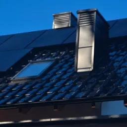 Czarny dach z dachówki ceramicznej z oknami dachowymi i kominami wentylacyjnymi na tle błękitnego nieba.