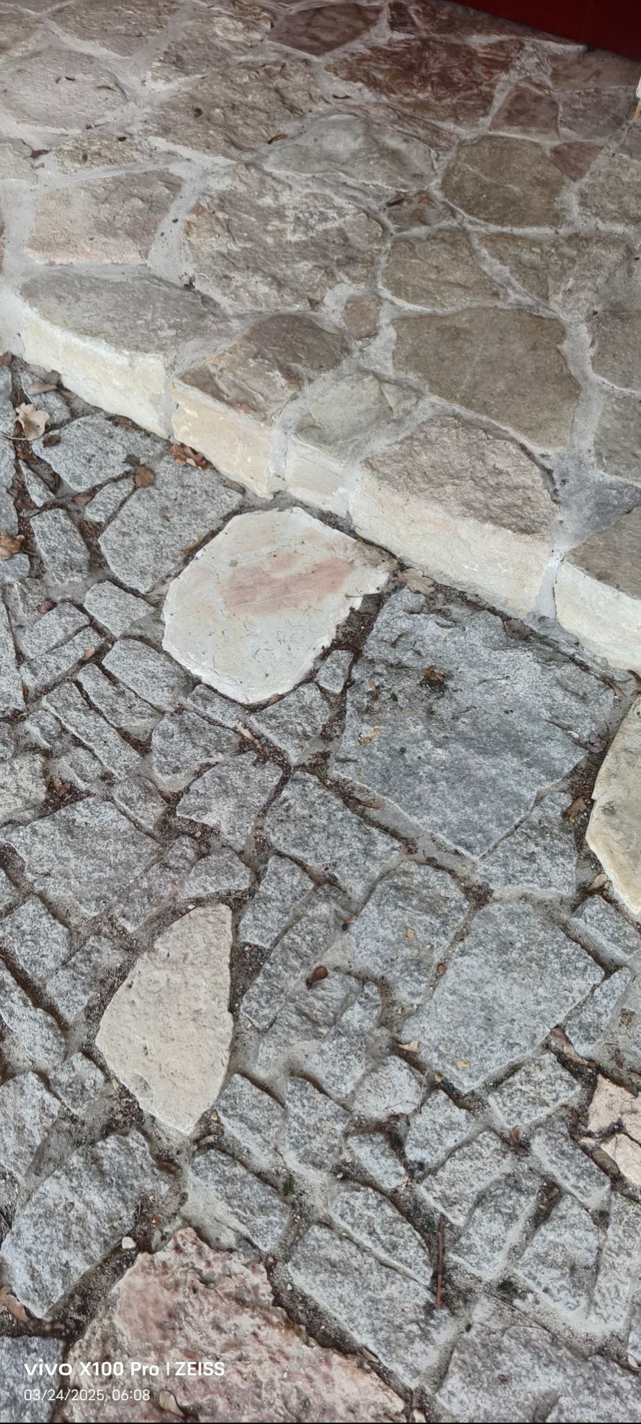 Kamienna ścieżka ułożona z nieregularnych szarych kostek, z fragmentem schodów z jasnego kamienia w tle, widoczne pojedyncze suche liście w spoinach.