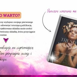 Studio Kreacji - Okładka e-booka 'Trendy w modzie' Anny Kowalskiej, z portretem kobiety w turbanie, na tle tekstu o zaletach profesjonalnego projektowania okładek.