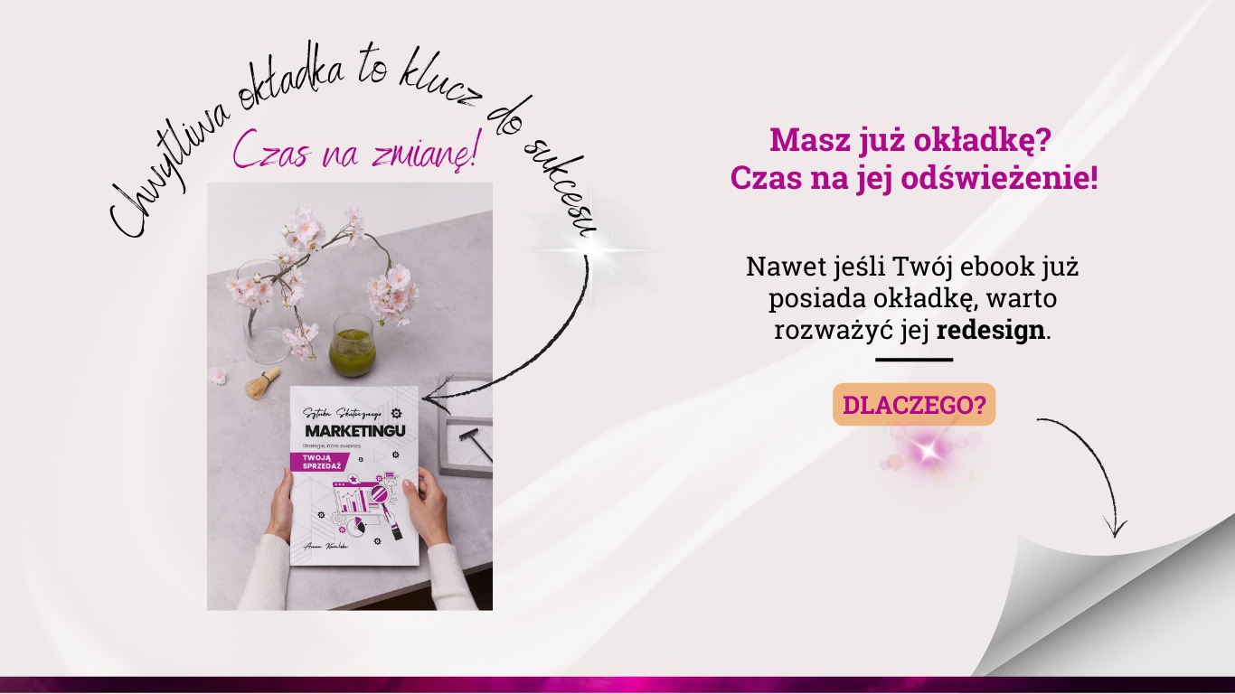 Kreatywna kompozycja z okładką ebooka o marketingu w rękach, kwiatami i napojem. Promocja redesignu okładki z hasłem: Chwytliwa okładka to klucz do sukcesu.
