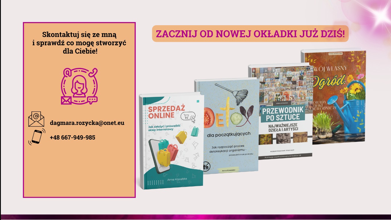 Oferta projektowania okładek książek: 'Sprzedaż Online', 'Detox dla początkujących', 'Przewodnik po sztuce', 'Mój własny ogród'. Kontakt do grafika po lewej.