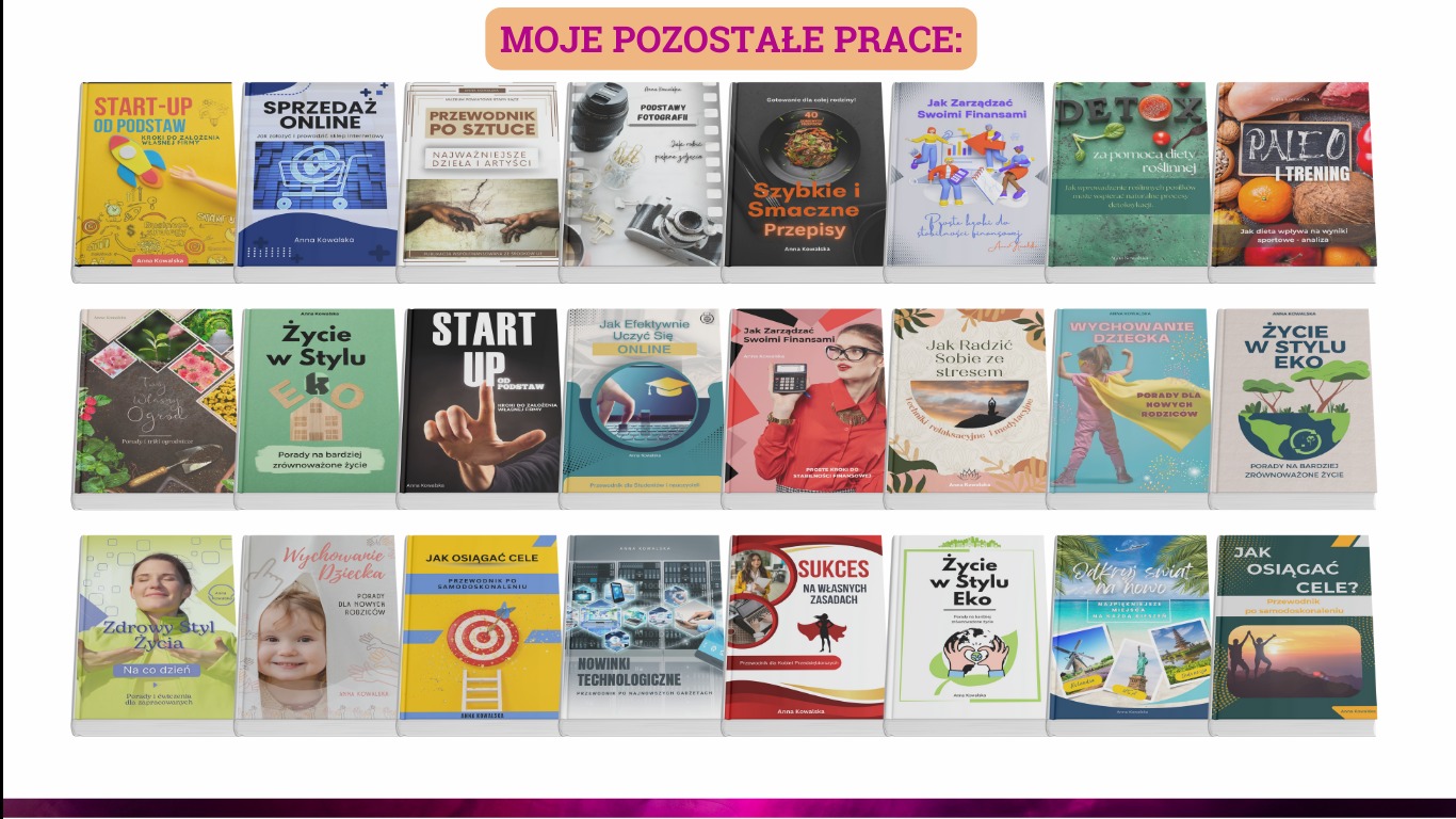 Kolekcja okładek książek o różnorodnej tematyce: startup, sprzedaż online, sztuka, fotografia, finanse, dieta, ekologia, wychowanie, samodoskonalenie, technologia, sukces, podróże.