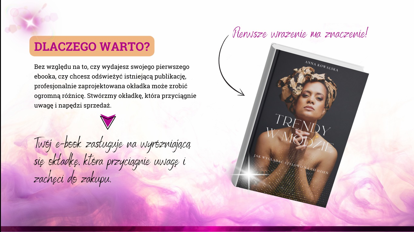 Okładka e-booka 'Trendy w modzie' Anny Kowalskiej, z portretem kobiety w turbanie, na tle tekstu o zaletach profesjonalnego projektowania okładek.