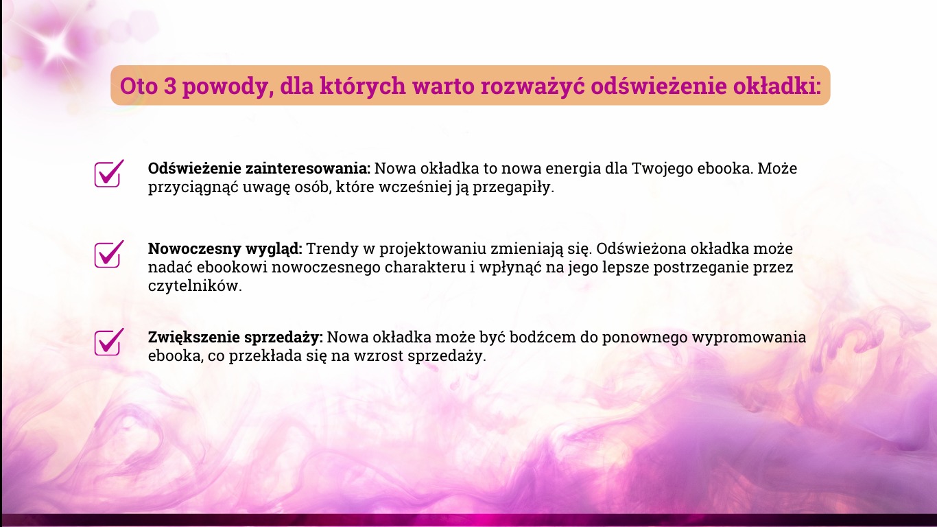 Infografika z trzema powodami, dla których warto odświeżyć okładkę ebooka. Fioletowe tło, białe napisy i ikony zaznaczone ptaszkiem. Nowoczesny wygląd.