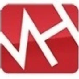 Czerwone logo firmy MH z białym symbolem przypominającym wykres w Radlinie.