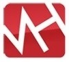 Czerwone logo firmy MH z białym symbolem przypominającym wykres w Radlinie.