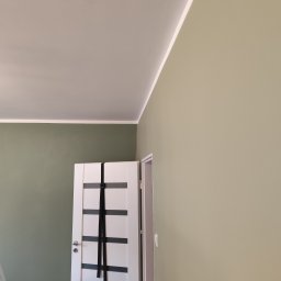 F.U.H Geppetto Łukasz Szefeciński - Ściana pomalowana na oliwkowy kolor z białą listwą sufitową i białe drzwi z czarnymi paskami. Widok na róg pokoju, świeżo po malowaniu.