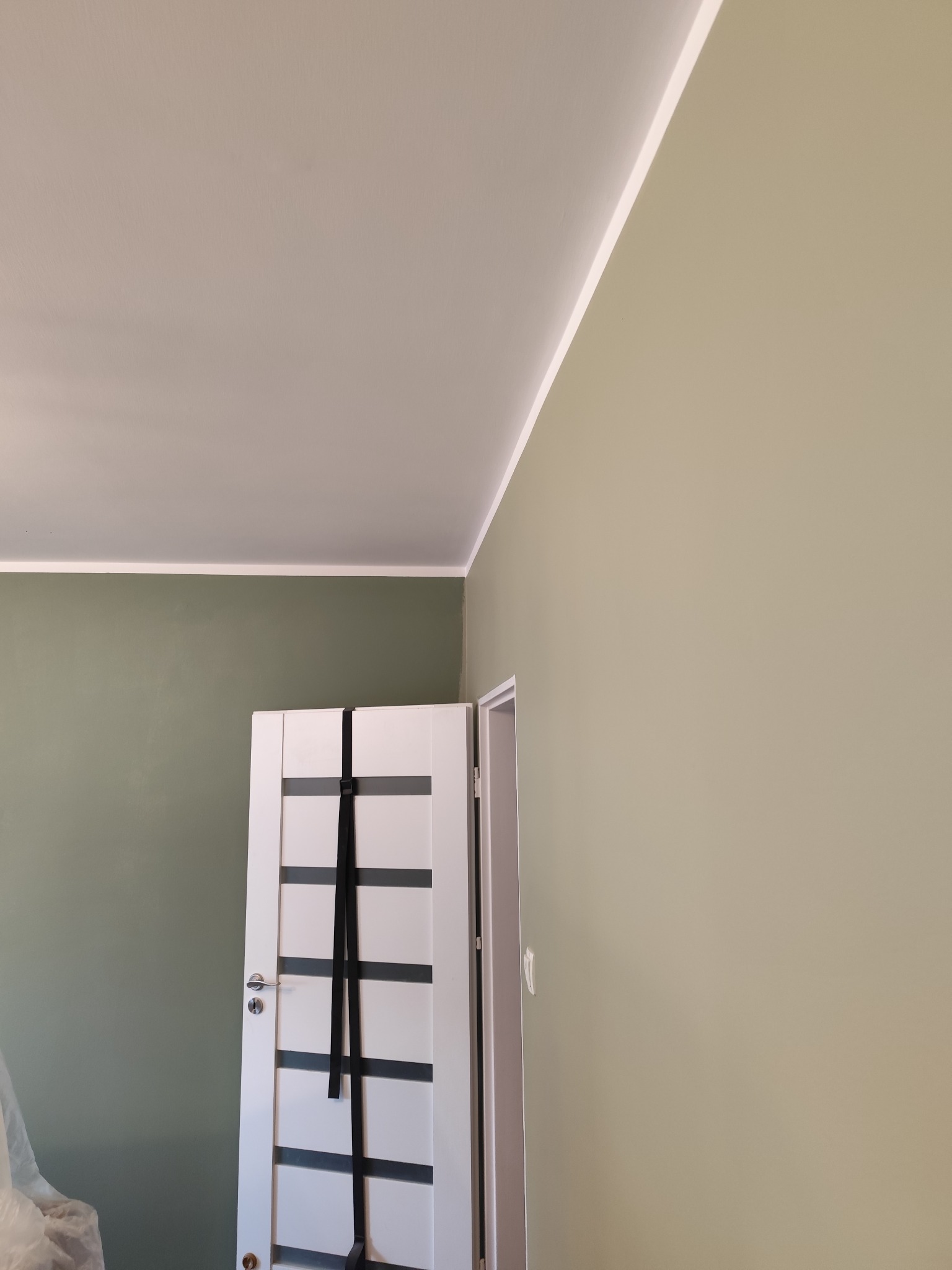 Ściana pomalowana na oliwkowy kolor z białą listwą sufitową i białe drzwi z czarnymi paskami. Widok na róg pokoju, świeżo po malowaniu.