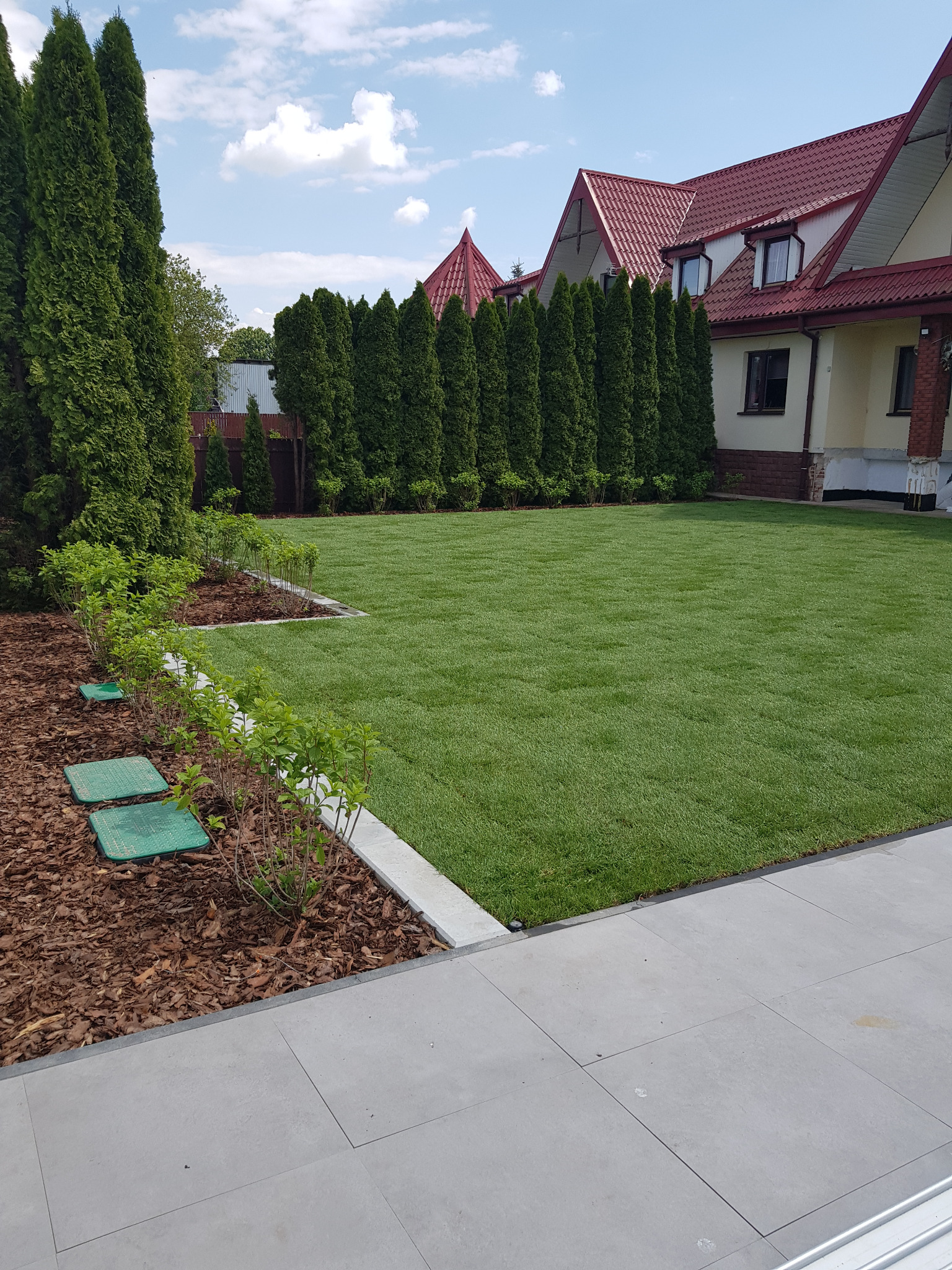 Zadbany trawnik z rolki przed domem, obrzeża z kostki, równo przycięte tuje w tle, eleganckie rabaty z korą i niskimi krzewami, błękitne niebo.