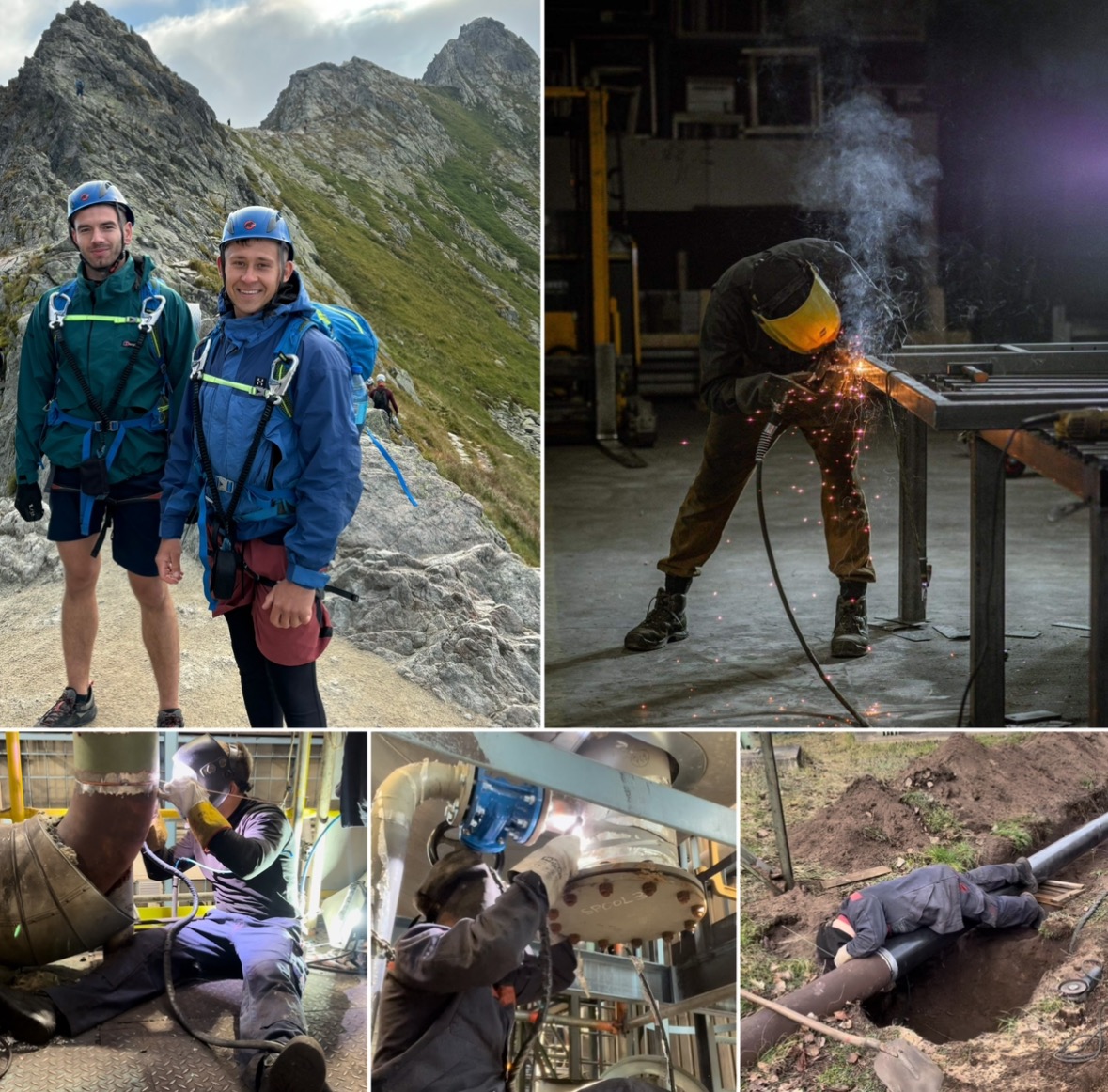 Kompozycja z pięciu zdjęć: dwóch mężczyzn w górach, spawacz w warsztacie, spawacz rur w pozycji siedzącej, spawacz rur w pozycji stojącej oraz spawacz rur w wykopie.