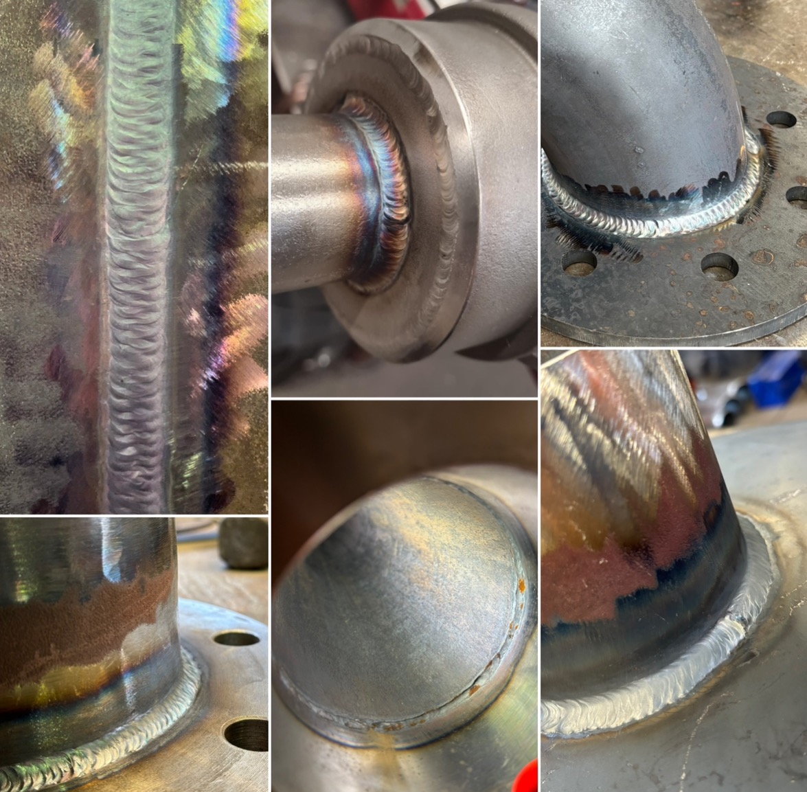Kolaż detali spawów na elementach metalowych o różnych kształtach, ukazujący precyzję i estetykę wykonania, z widocznymi tęczowymi przebarwieniami termicznymi.