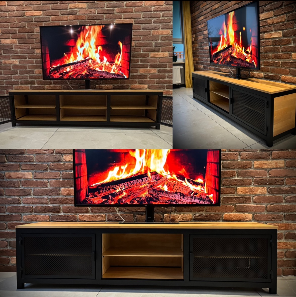 Stojąca szafka RTV z drewnianym blatem i metalowymi drzwiczkami z siatki na tle ściany z czerwonej cegły oraz telewizor z wyświetlanym kominkiem.