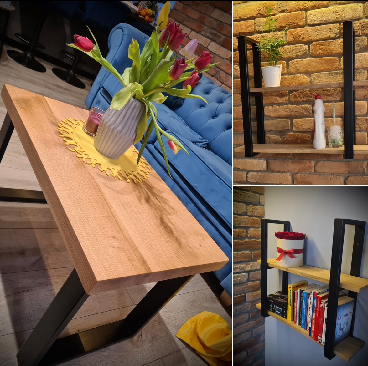 Kolaż przedstawiający drewniany stolik kawowy z metalowymi nogami, niebieską sofę oraz dwie półki wiszące z drewnianymi blatami i metalowymi wspornikami na tle ceglanej ściany.