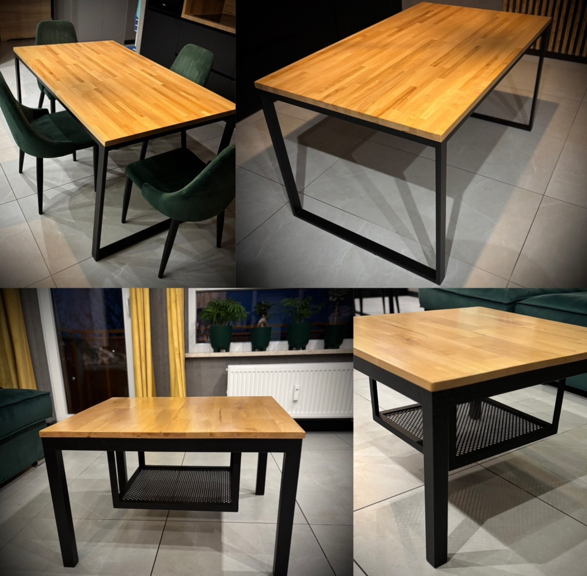 Kompozycja czterech ujęć stołów z blatem z jasnego drewna i czarnymi metalowymi nogami o różnych konstrukcjach, ustawionych na tle wnętrz mieszkalnych.