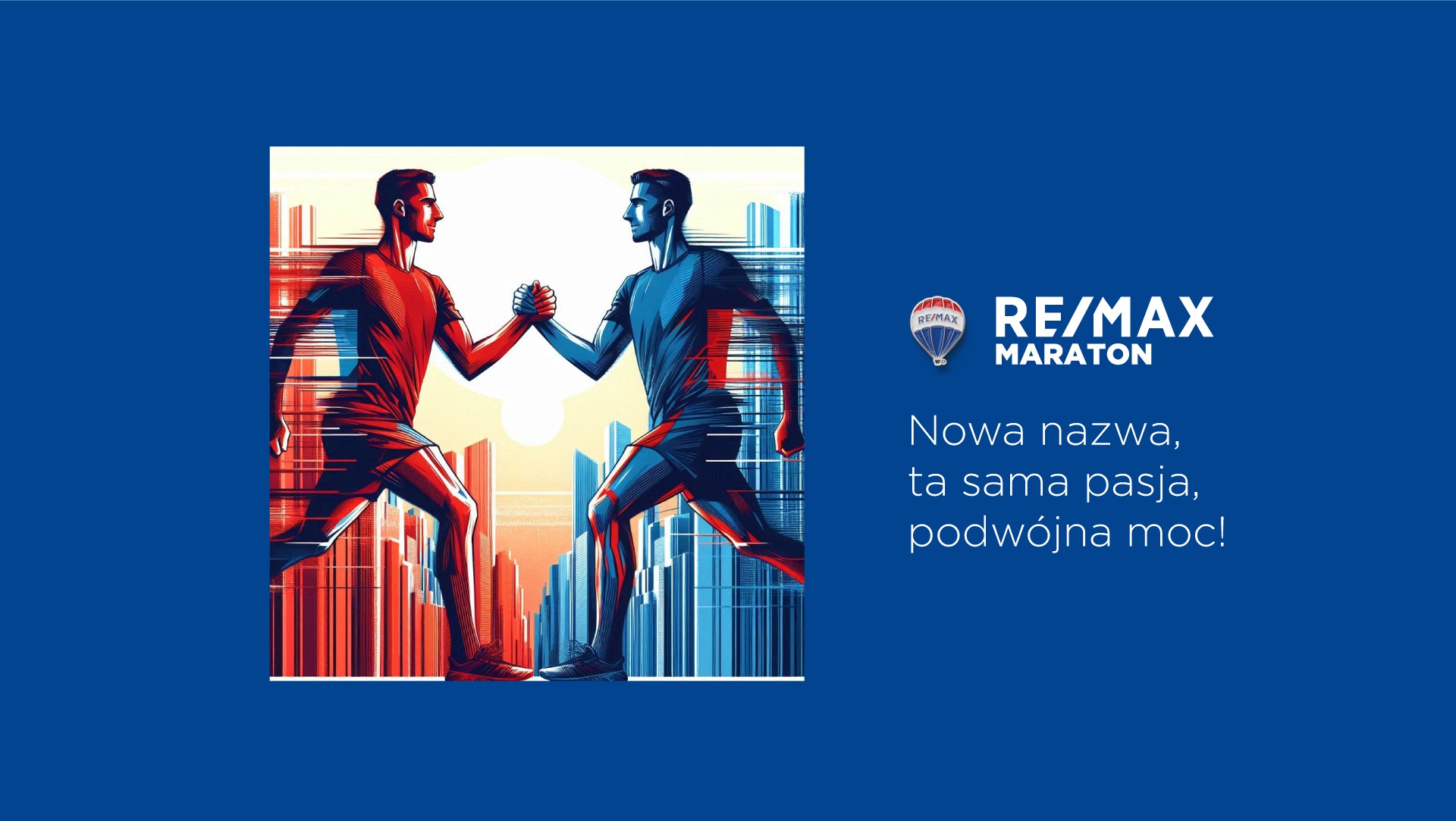 Grafika reklamowa RE/MAX Maraton przedstawiająca dwóch biegaczy w dynamicznej pozie, dotykających dłońmi na tle stylizowanego miasta. Kolorystyka w odcieniach czerwieni i niebieskiego, z hasłem...