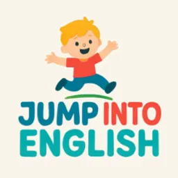 Ilustracja: skaczący chłopiec nad napisem 'Jump into English', w kolorach czerwonym, zielonym i niebieskim. Grafika promuje naukę języka angielskiego.