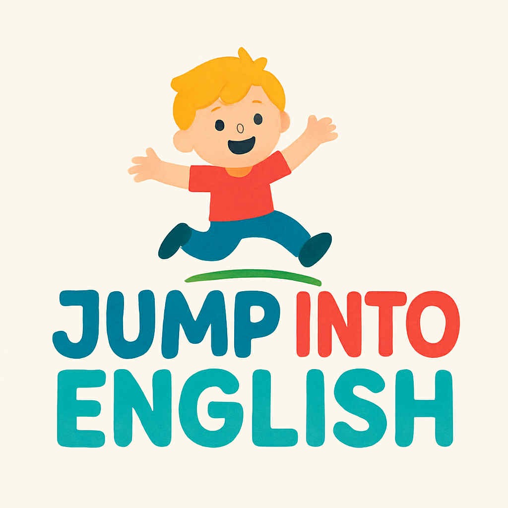 Ilustracja: skaczący chłopiec nad napisem 'Jump into English', w kolorach czerwonym, zielonym i niebieskim. Grafika promuje naukę języka angielskiego.