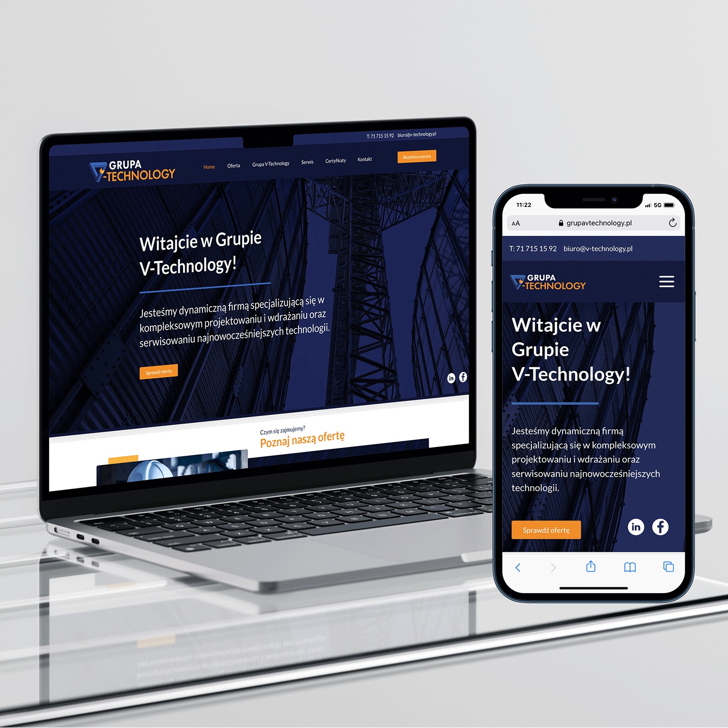 Strona oraz logo dla firmy V-technology