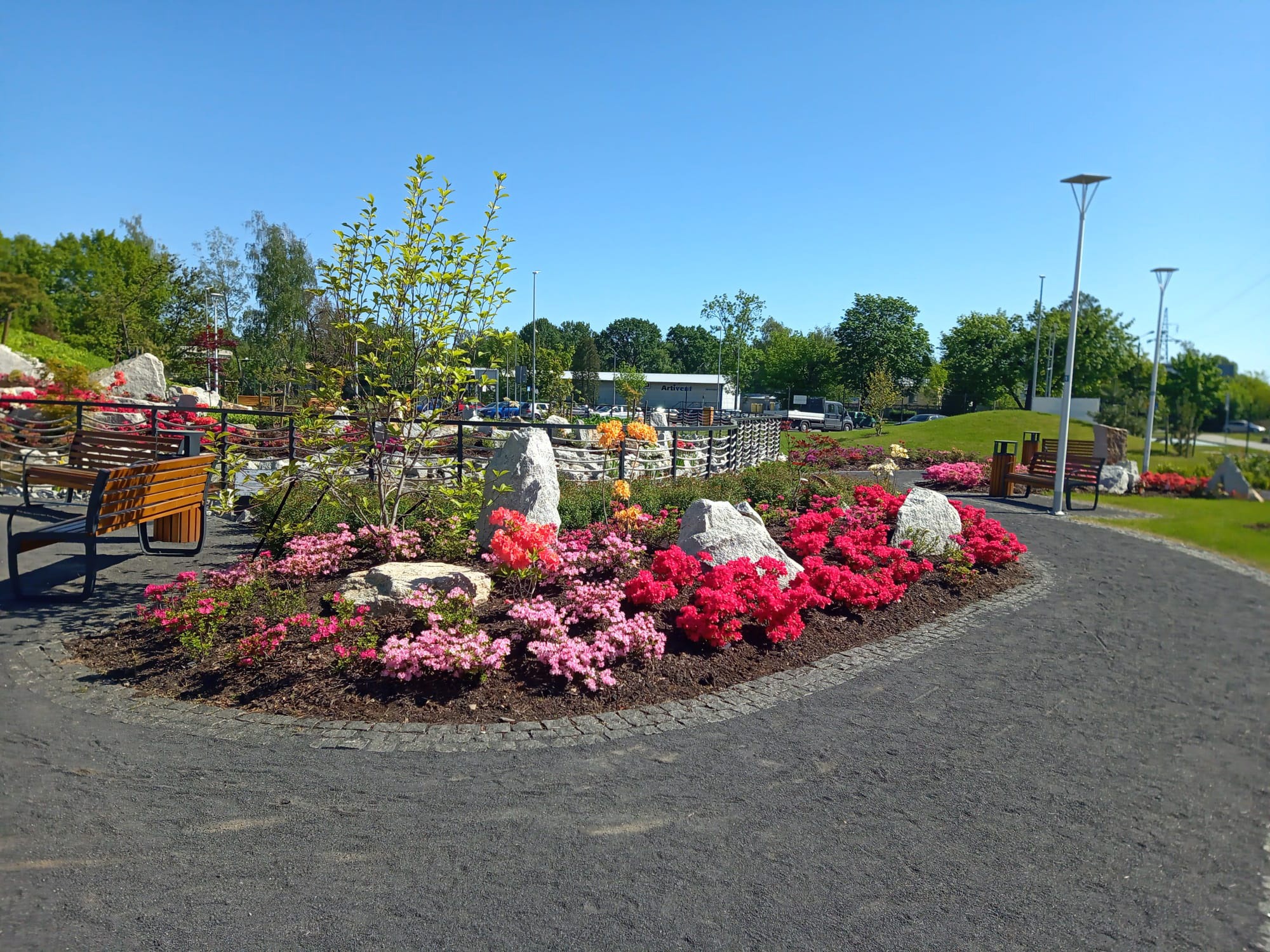 Aranżacja rabaty kwiatowej z azaliami i kamieniami w Nakle, widok na park z ławkami i oświetleniem.