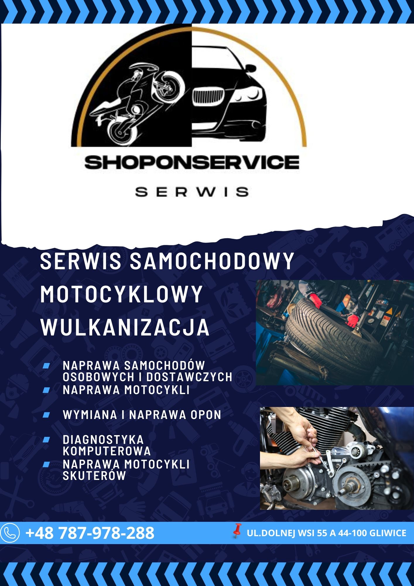 Plakat reklamowy warsztatu samochodowego i motocyklowego z logiem Shoponservice, ofertą usług i danymi kontaktowymi.