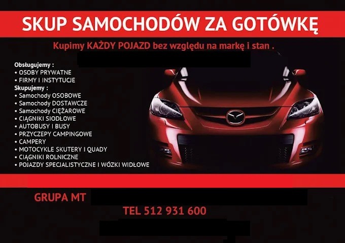 Ogłoszenie skupu pojazdów za gotówkę z grafiką czerwonego samochodu Mazda na czarnym tle.