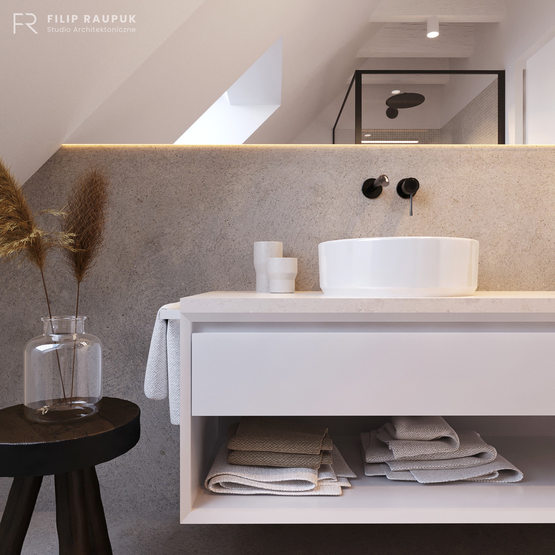 Biała umywalka nablatowa i czarne baterie w nowoczesnej łazience na poddaszu. Na blacie dekoracyjne wazoniki, obok stołek z trawą pampasową. Minimalistyczny design.