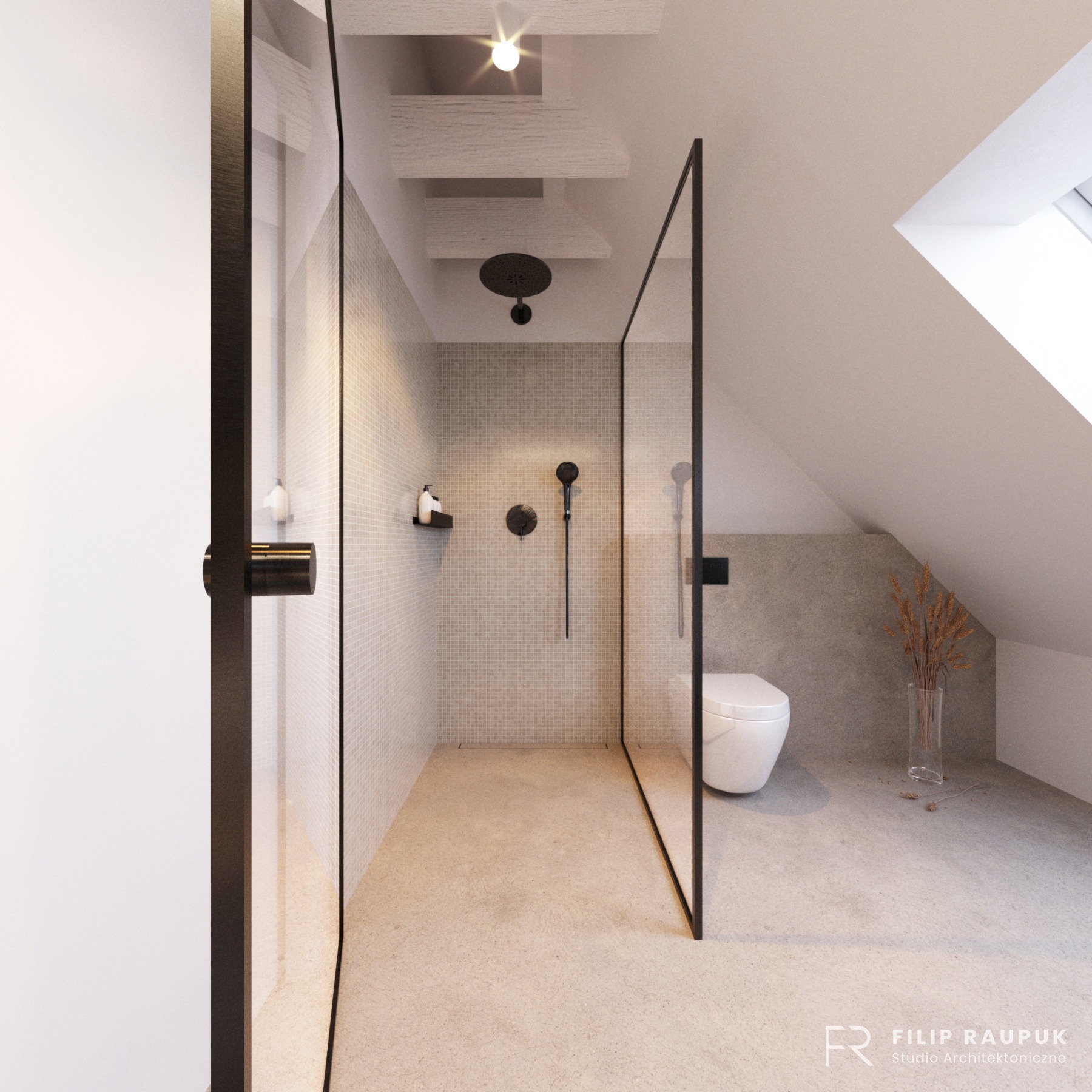 Minimalistyczna łazienka na poddaszu z kabiną typu walk-in, mozaiką, czarną armaturą i toaletą. W rogu wazon z suchymi trawami. Ujęcie z perspektywy wejścia.