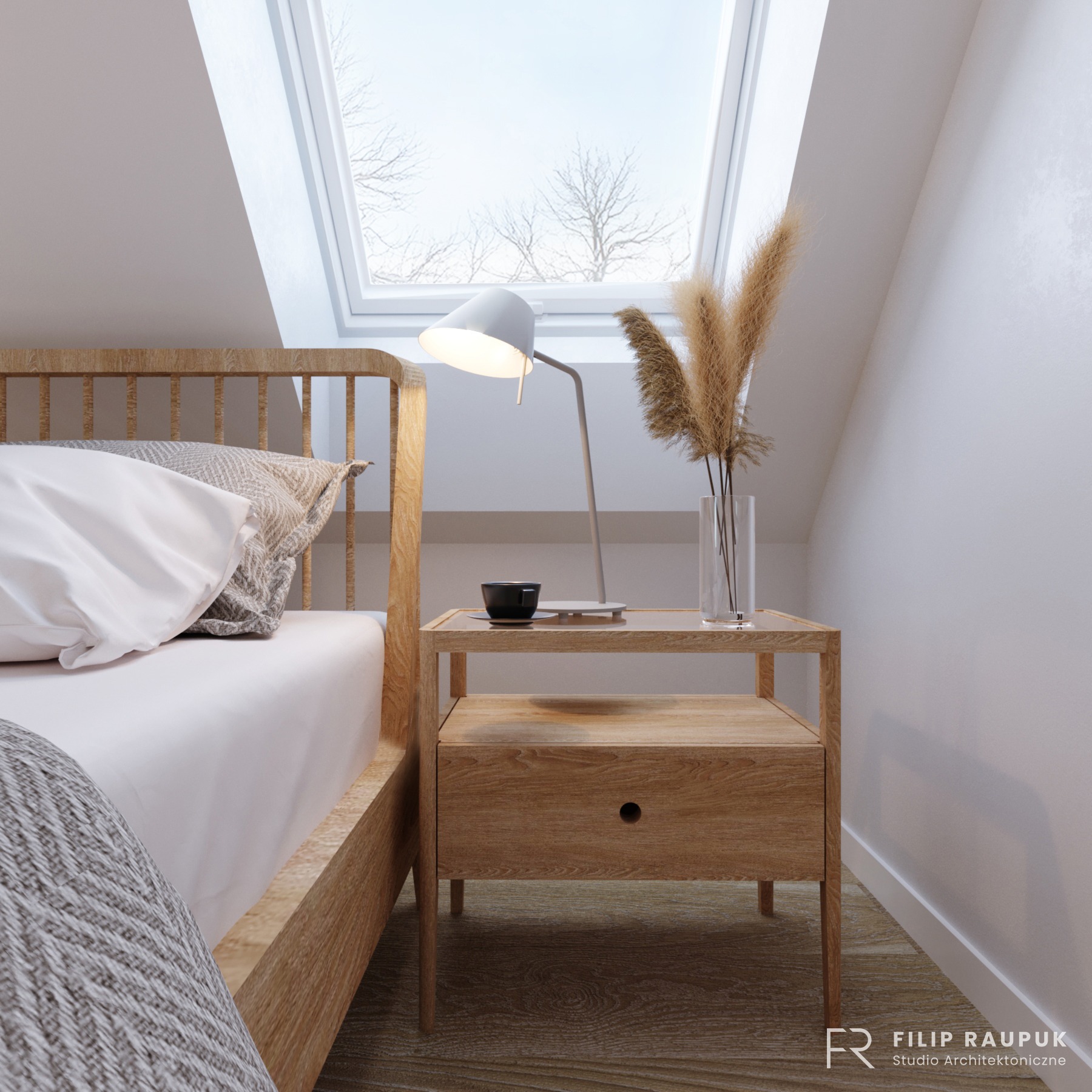 Jasna sypialnia na poddaszu z drewnianym łóżkiem i szafką nocną. Na szafce lampka, wazon z trawami. Okno dachowe z widokiem na drzewa. Minimalistyczny wystrój.