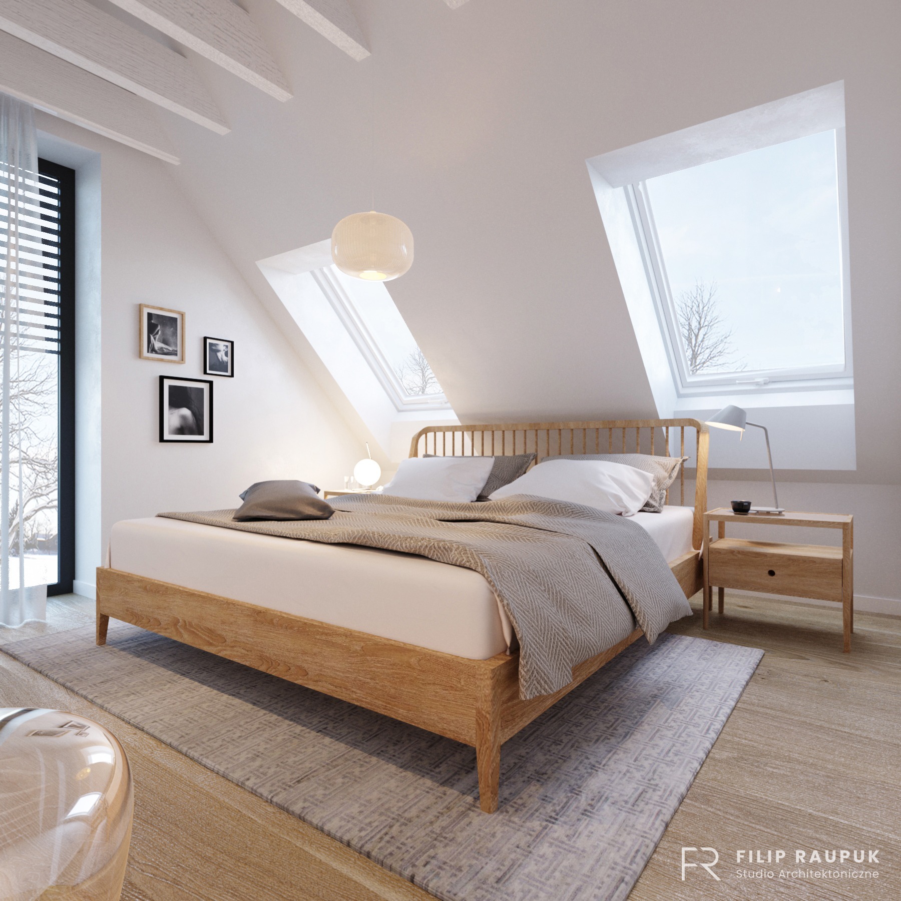 Jasna sypialnia na poddaszu z drewnianym łóżkiem, szafką nocną i dywanem. W oknach widok na zimowy krajobraz. Minimalistyczny design z akcentami w stylu skandynawskim.