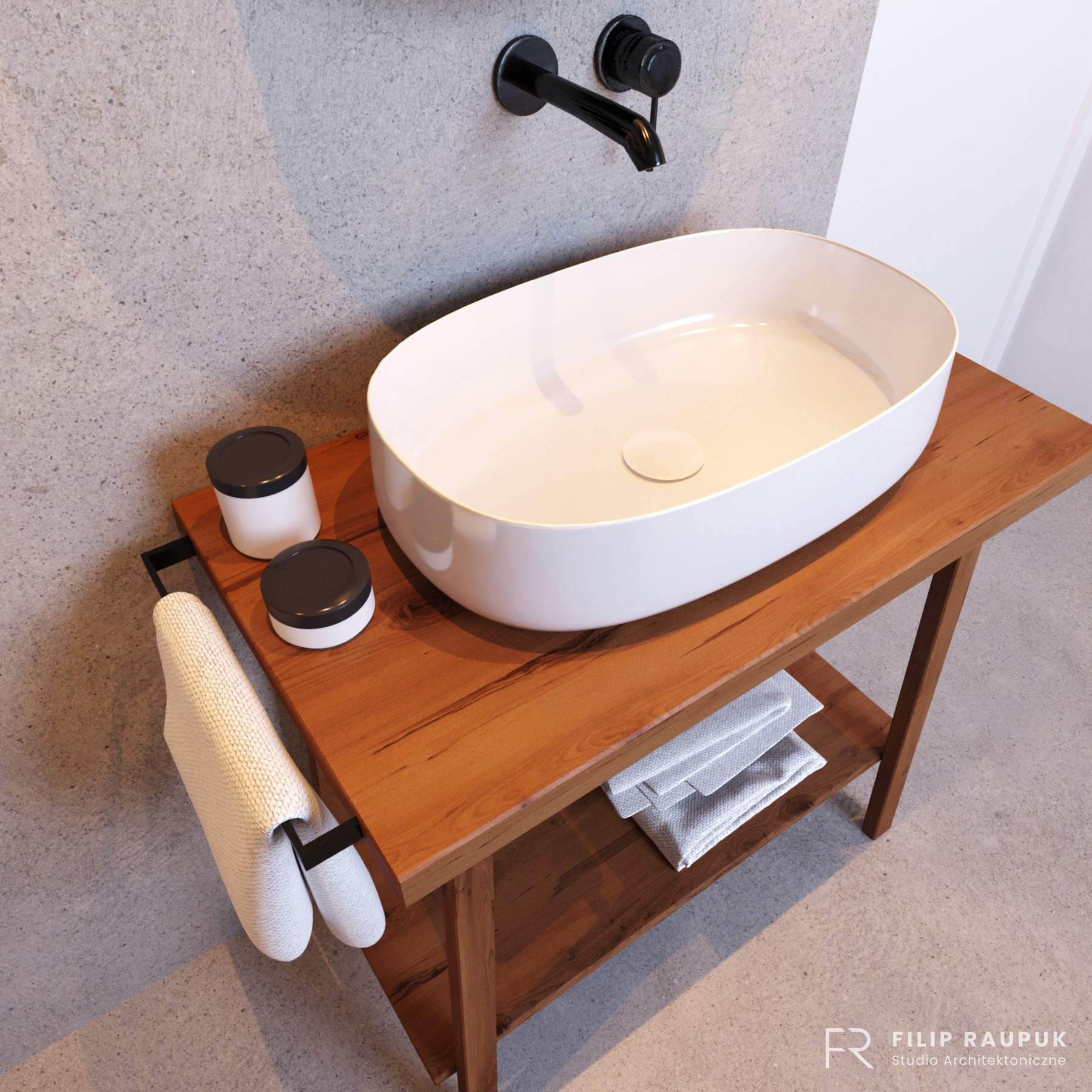 Nowoczesna łazienka: biała umywalka nablatowa na drewnianym blacie z półką, czarna bateria ścienna, ręczniki i kosmetyki. Minimalistyczny design, surowe ściany.