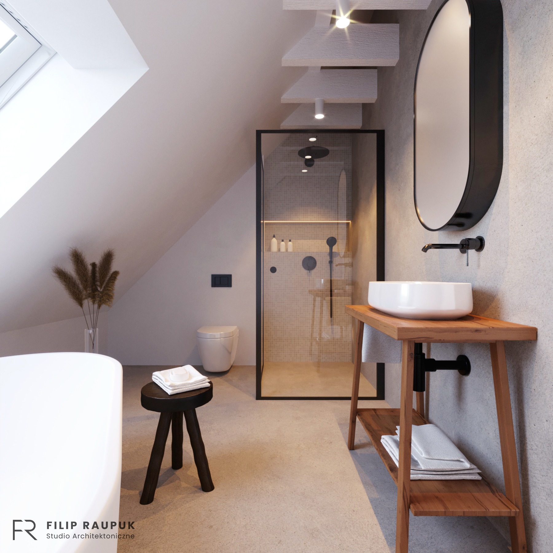 Projekt łazienki na poddaszu ze szklaną kabiną prysznicową, drewnianą szafką pod umywalką i owalnym lustrem w czarnej ramie. Minimalistyczny styl, naturalne materiały.