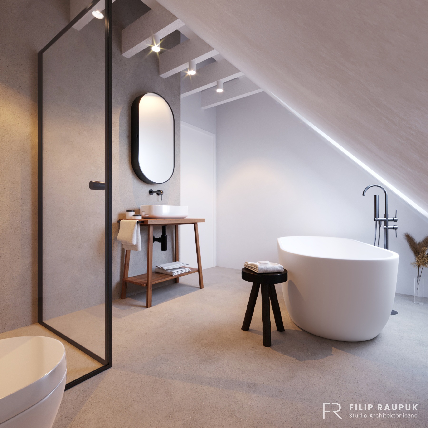 Nowoczesna łazienka na poddaszu z kabiną typu walk-in, umywalką na drewnianym stelażu i owalną wanną. Minimalistyczny design, stonowana kolorystyka, sufit ze skośnym oknem.