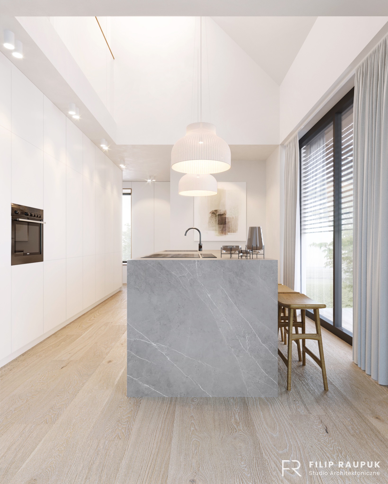 Nowoczesna kuchnia z marmurową wyspą, drewnianą podłogą i minimalistycznym oświetleniem. Duże okno z zasłonami wpuszcza naturalne światło.