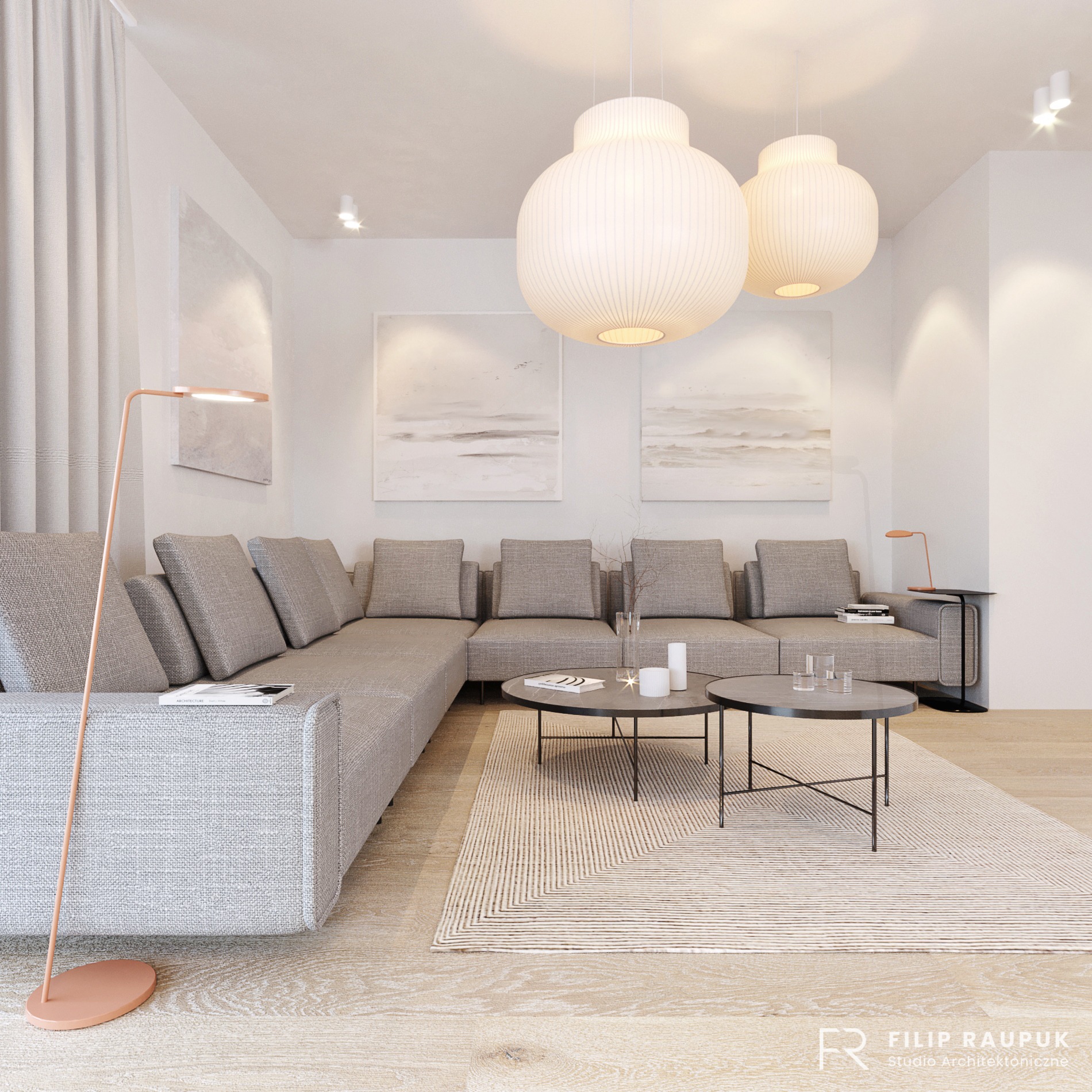 Jasne wnętrze salonu z szarym narożnikiem, okrągłymi lampami i obrazami z motywem morza. Minimalistyczny styl z akcentami beżu i bieli, podkreślony przez drewnianą podłogę.