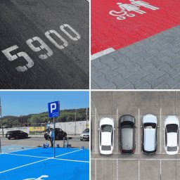 PAKETPRO SPÓŁKA Z OGRANICZONĄ ODPOWIEDZIALNOŚCIĄ - Kolaż: Malowanie numeru na asfalcie, czerwone miejsce parkingowe dla rodzin, niebieskie miejsce dla niepełnosprawnych, parking z góry z samochodami.