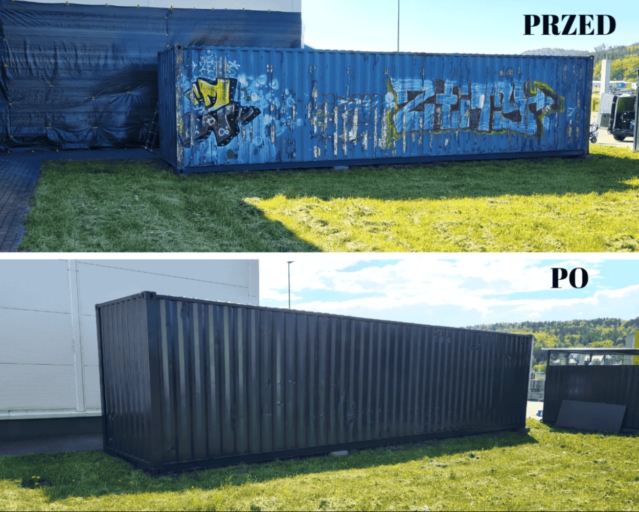 Kontener morski przed i po renowacji: usunięte graffiti, nowy, jednolity kolor. Widok na trawnik i budynek w tle. Ukazanie efektu metamorfozy.