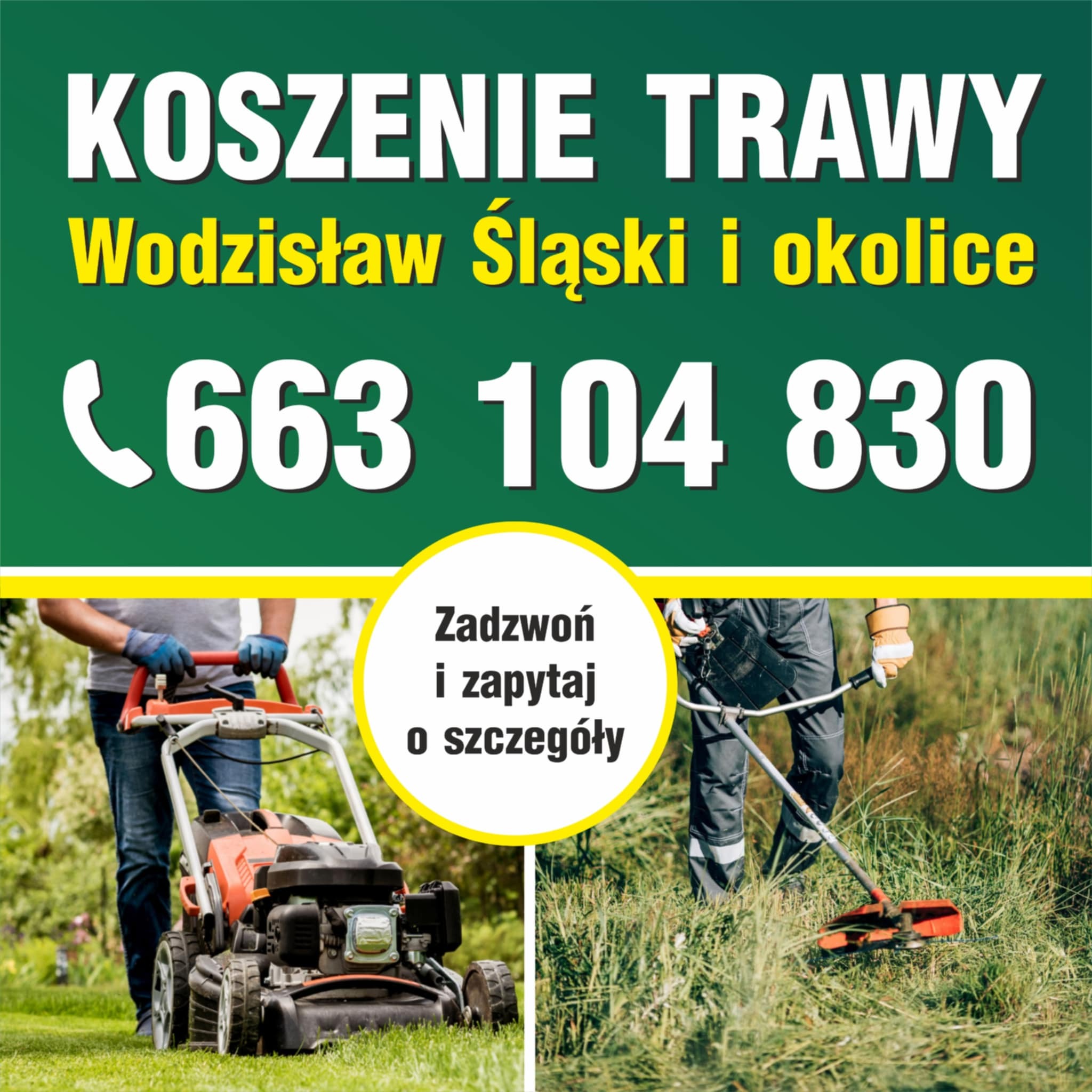 Grafika reklamowa: koszenie trawy w Wodzisławiu Śląskim i okolicach. Kontakt telefoniczny. Dwie sceny: praca kosiarką i podkaszarką.