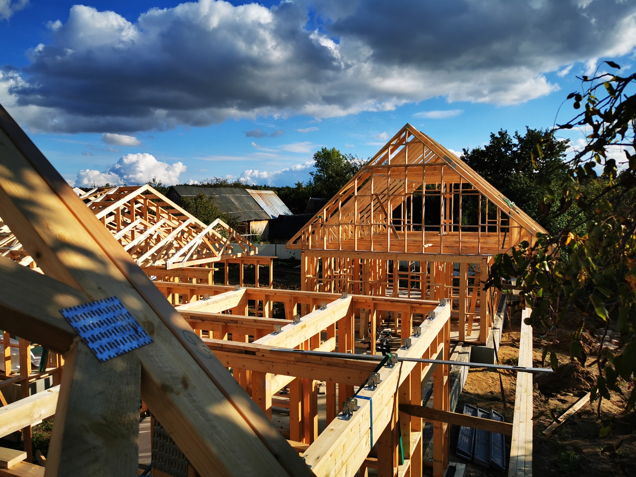 Konstrukcja drewniana domu w trakcie budowy, widoczne elementy szkieletu, niebieska blaszka łącząca belki, w tle błękitne niebo z chmurami i zieleń drzew.