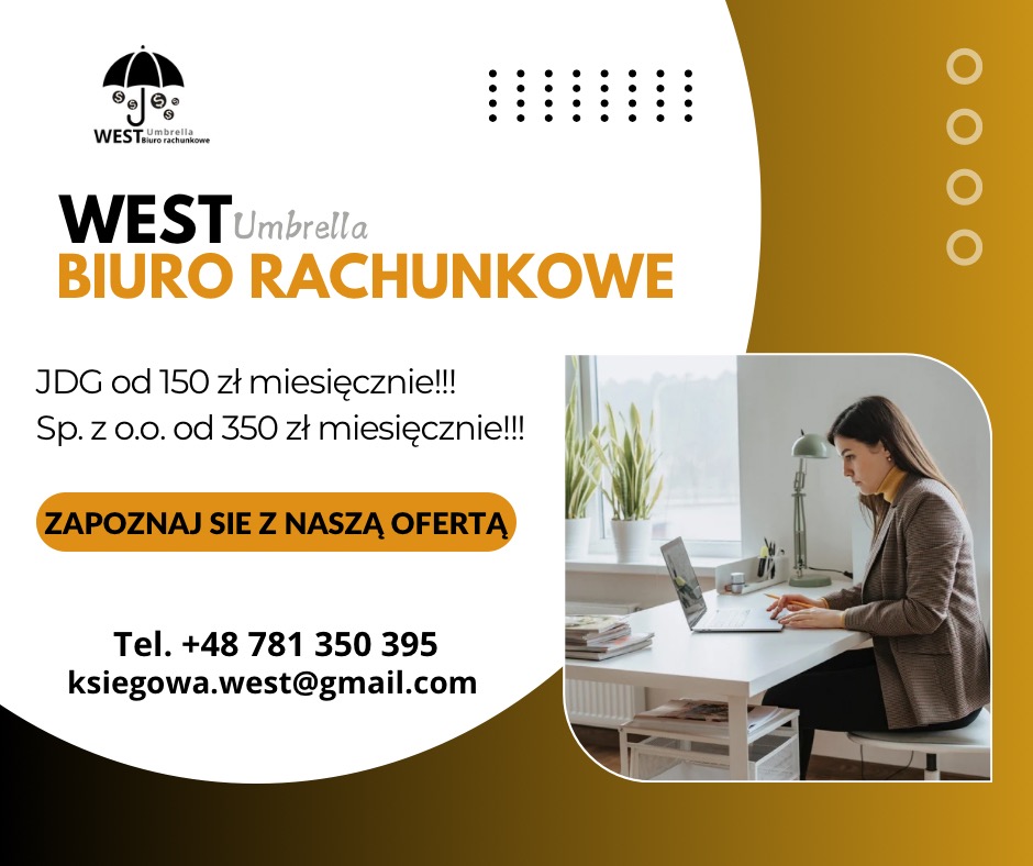 Grafika reklamowa biura rachunkowego West Umbrella z ofertą cenową, danymi kontaktowymi i kobietą pracującą na laptopie przy biurku.