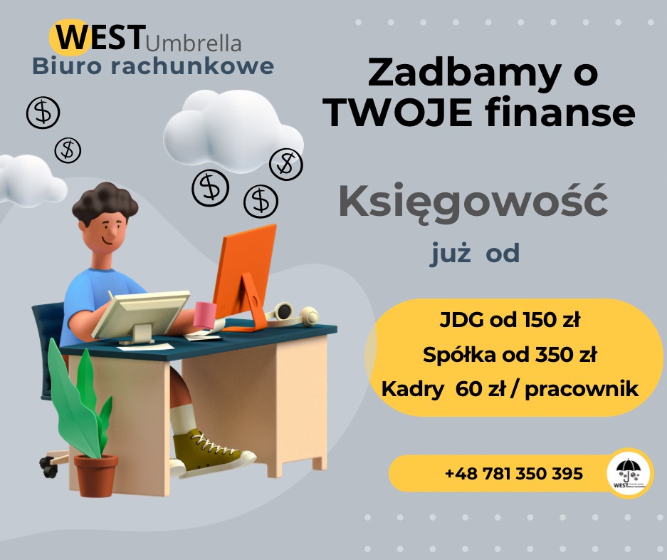 Grafika 3D: Uśmiechnięty mężczyzna przy biurku, monitor, roślina, chmury z dolarami. Oferta biura rachunkowego: księgowość, kadry, rejestracja spółek.