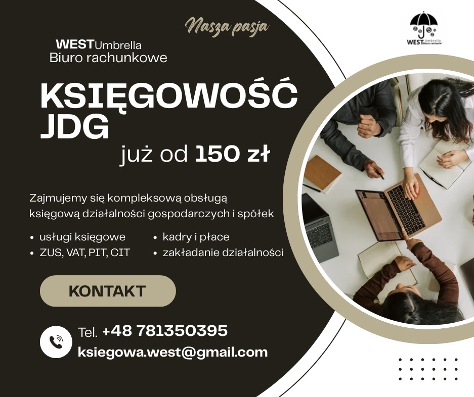 Grafika biura rachunkowego West Umbrella. Oferta księgowości JDG od 150 zł. Na zdjęciu osoby przy biurku z laptopami i notatnikami. Kontakt: tel. +48 781350395.