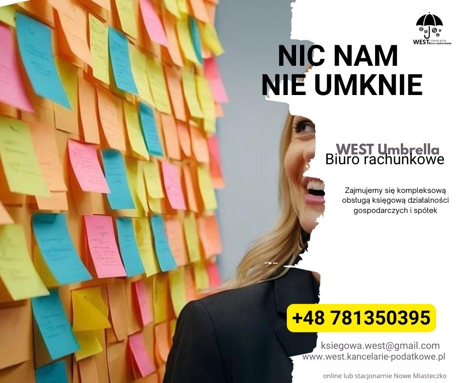 Biuro rachunkowe WEST Umbrella z Zielonej Góry. Ściana pełna kolorowych karteczek samoprzylepnych, obok uśmiechnięta kobieta i hasło: Nic nam nie umknie.