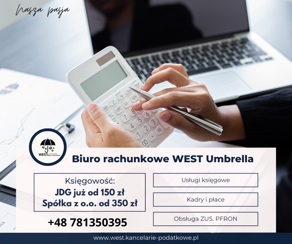 Biuro rachunkowe: dłoń z kalkulatorem i długopisem nad dokumentami, laptop w tle. Oferta: księgowość JDG od 150 zł, spółki z o.o. od 350 zł.