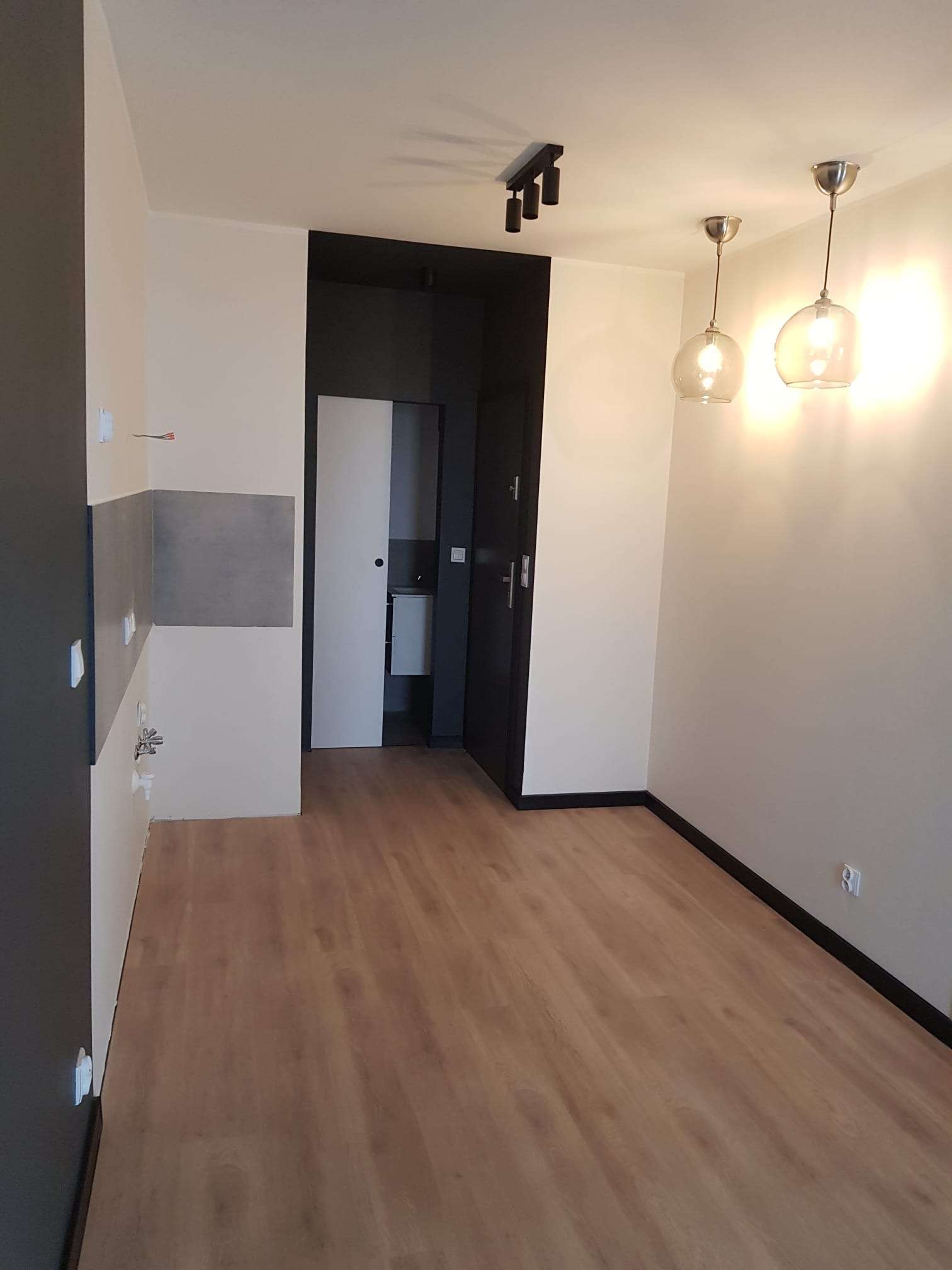 Puste, jasne wnętrze mieszkania po remoncie, z drewnianą podłogą, pomalowanymi ścianami w odcieniach bieli i szarości, widoczne lampy sufitowe i fragment łazienki w tle.