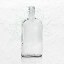 LEMON TREE SPÓŁKA Z OGRANICZONĄ ODPOWIEDZIALNOŚCIĄ - Pusta, szklana butelka o płaskim kształcie na białym, teksturowanym tle z delikatnym, zielonym motywem roślinnym. Butelka ma wyraźne gwintowanie szyjki i widoczne detale na dnie.