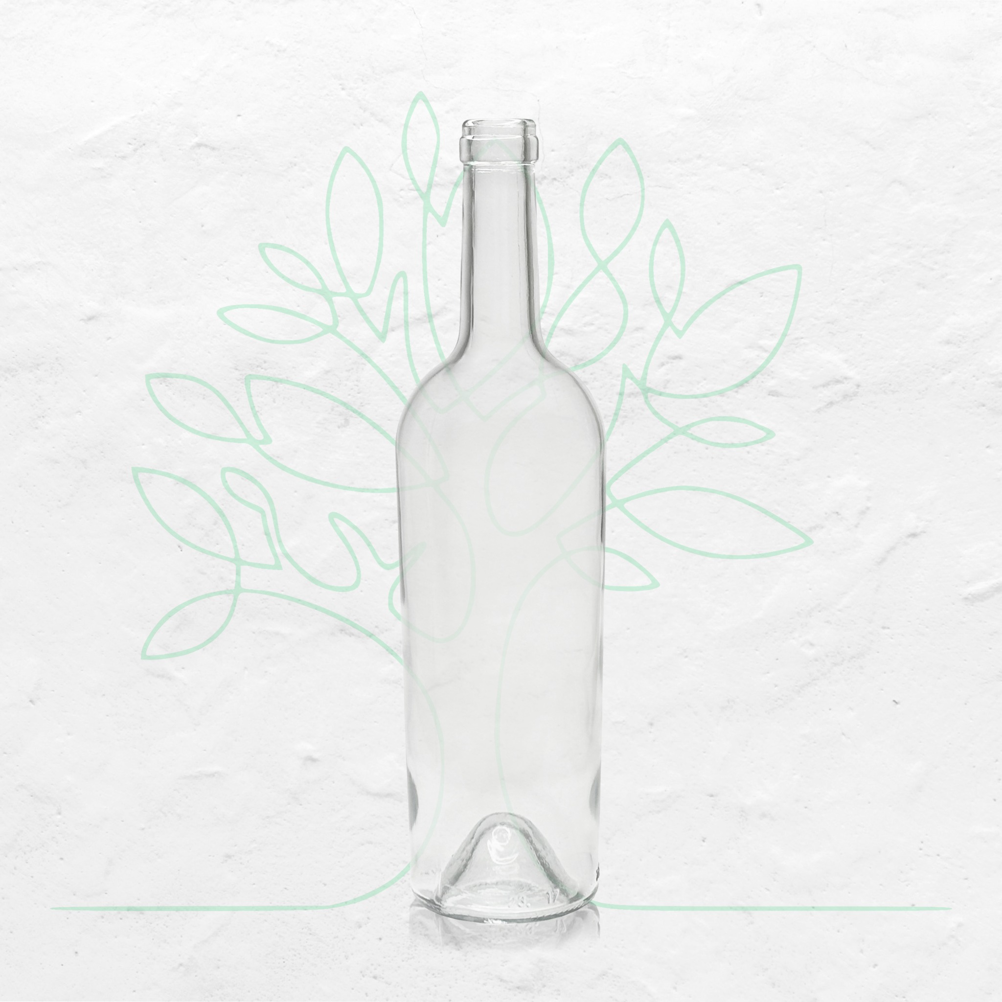 Pusta, przezroczysta butelka szklana na białym, teksturowanym tle z subtelnym, zielonym motywem roślinnym w tle.