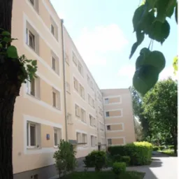 Wielorodzinny budynek po renowacji elewacji w odcieniach beżu i kremu, z widocznymi obramowaniami okien. Na pierwszym planie zieleń i fragment drzewa.