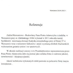 Referencje - termomodernizacja budynku ul. Hożej 37 w Warszawie.