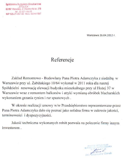 Referencje - termomodernizacja budynku ul. Hożej 37 w Warszawie.