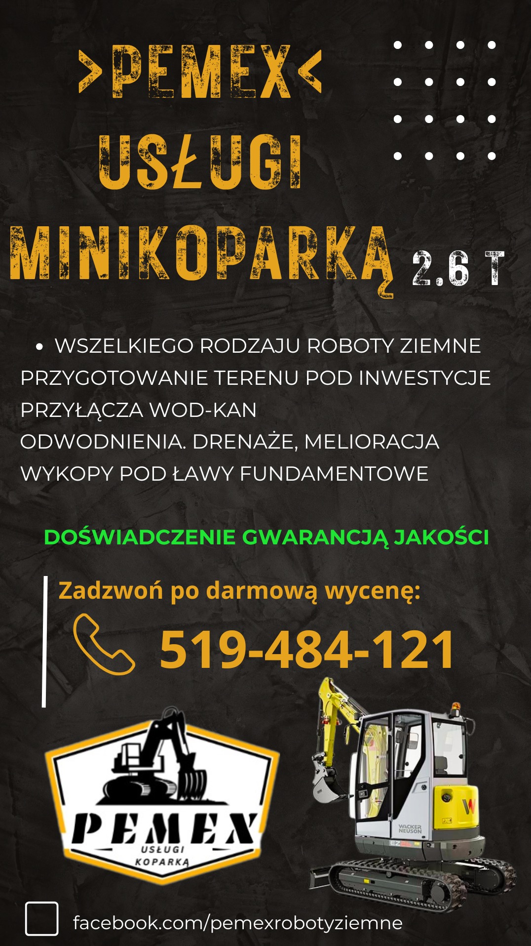 Grafika reklamowa firmy PEMEX oferującej usługi minikoparką 2.6T, w tym roboty ziemne, przygotowanie terenu pod inwestycje, przyłącza wod-kan, odwodnienia, drenaże, melioracje i wykopy pod ławy...